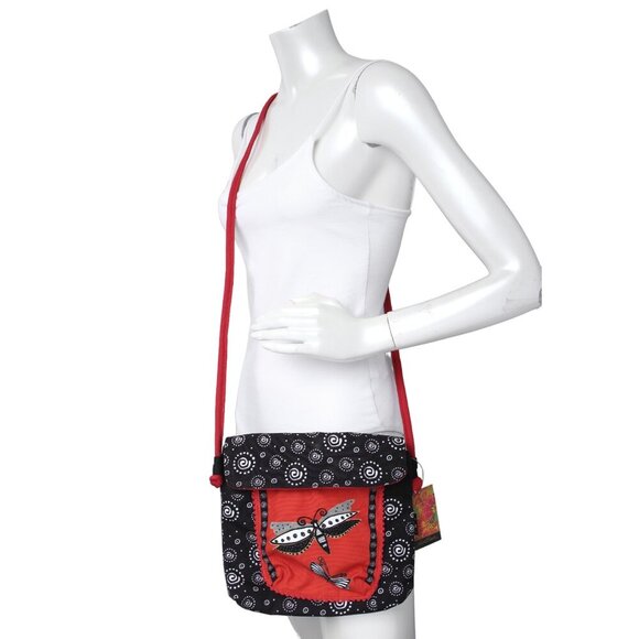 Laurel Burch Butterfly Canvas Shoulder Bag Crossbody Fabric Messenger Red Black - Picture 2 of 8